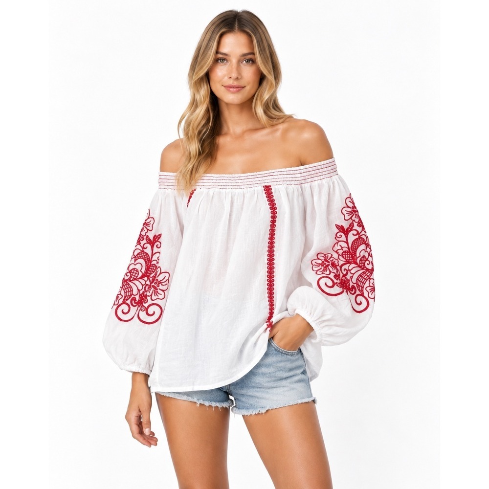 NWT Lane Bryant Peasant Top Women 18/20 White Red Embroidered Off Shoulder Boho